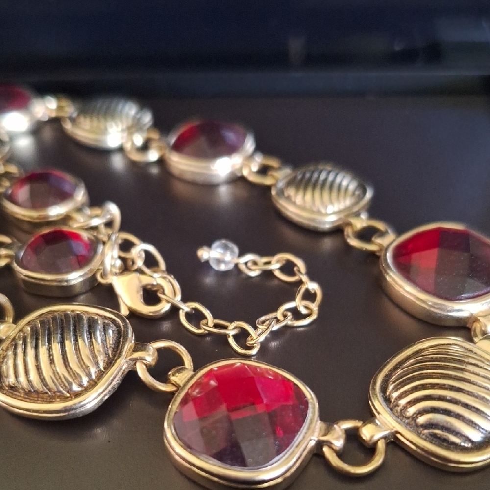 Napier Ruby Red Crystal Rhinestone And Ribbed Square Gold Plated Necklace - Picture 3 of 4